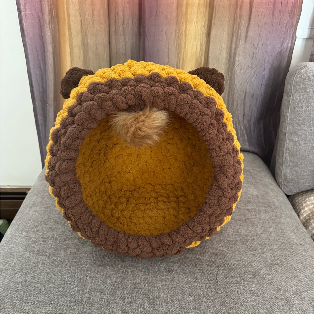 Cozy Plush Cat Cave Bed - Brown & Mustard